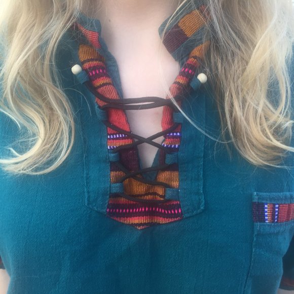 🏞Colorful Embroidered Shirt, Teal, Hippie, Boho - Picture 3 of 5